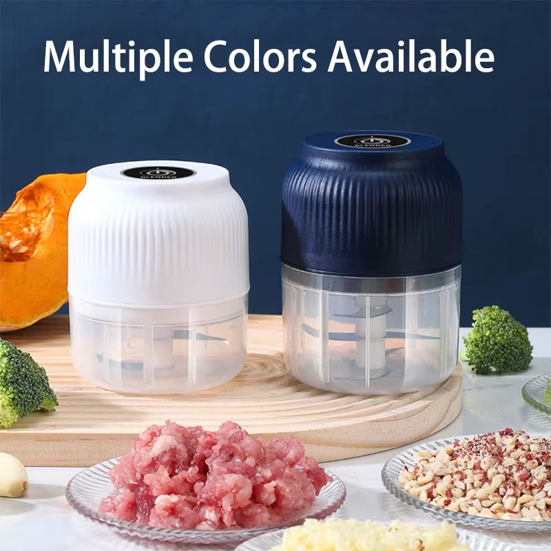 250ml Mini Wireless USB Rechargeable Electric Food Chopper available in white and navy blue colours, portable garlic crusher and vegetable chopper displayed with fresh ingredients