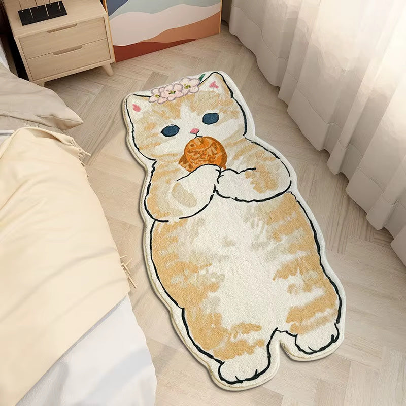 Cute cat shaped area rug with cartoon design placed on bedroom floor beside bed, soft decorative animal mat for kids room or nursery