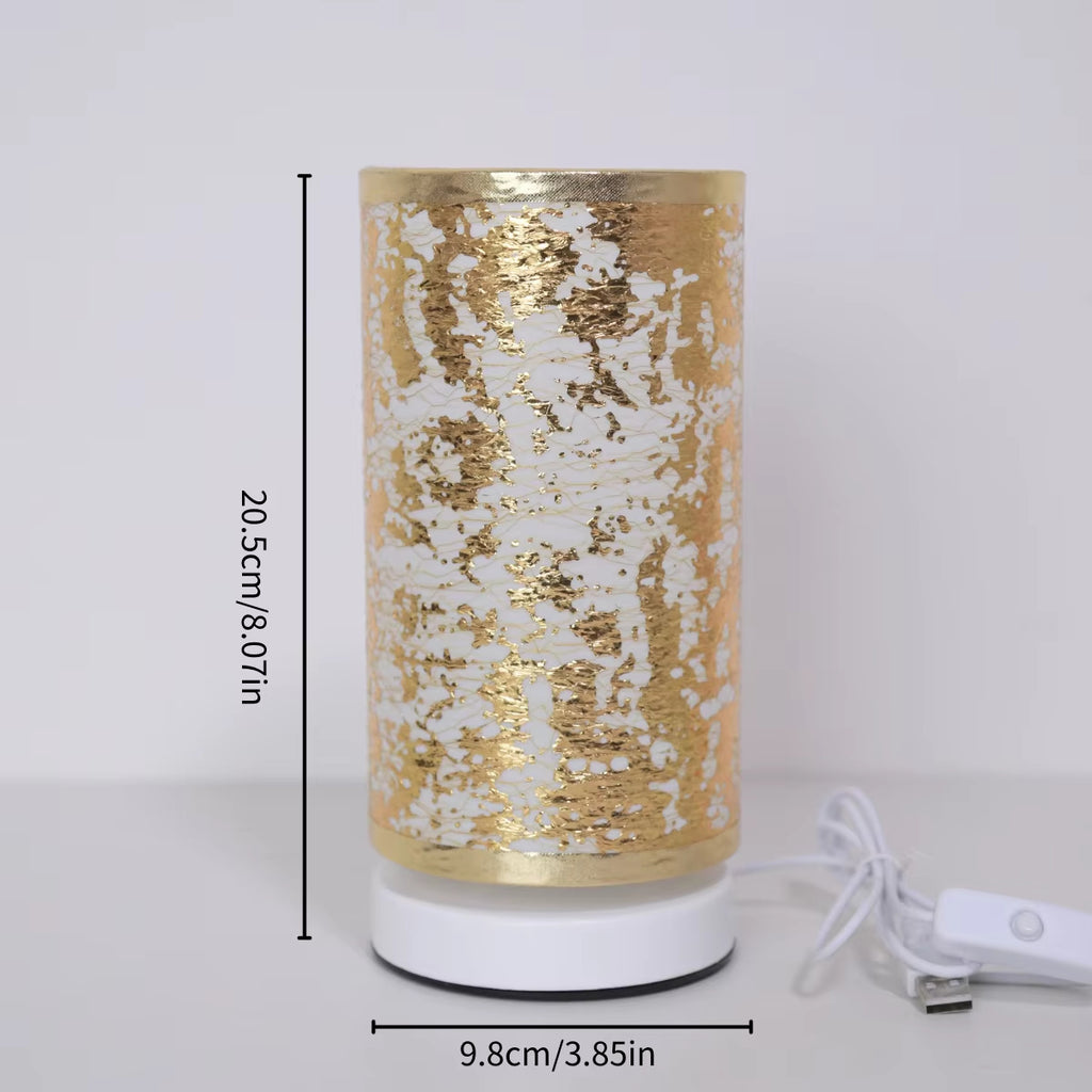 Gold textured table lamp with compact cylindrical design and USB power cable, showing product dimensions 20.5 cm height and 9.8 cm width, warm ambient bedside lighting