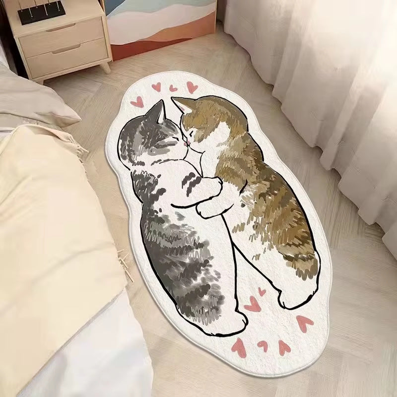 Cute cat couple rug with two cats cuddling and kissing surrounded by hearts, placed on bedroom floor beside bed, soft cartoon animal mat for cozy home decor