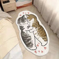 Cute cat couple rug with two cats cuddling and kissing surrounded by hearts, placed on bedroom floor beside bed, soft cartoon animal mat for cozy home decor