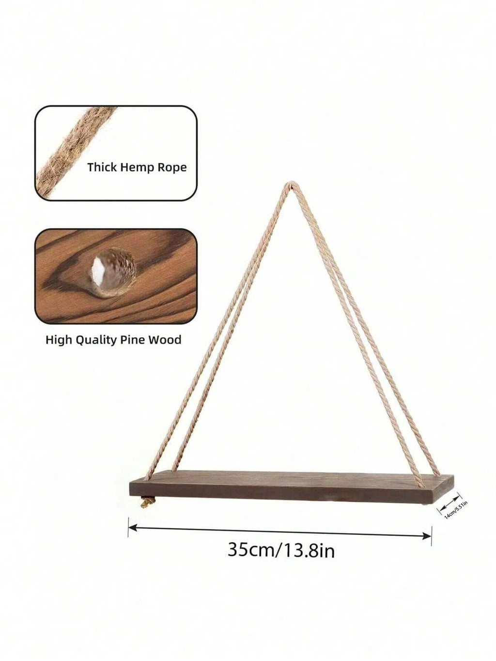 Pine wood rope hanging shelf with thick hemp rope and sturdy wooden board showing material quality and 35cm size for wall decor and storage
