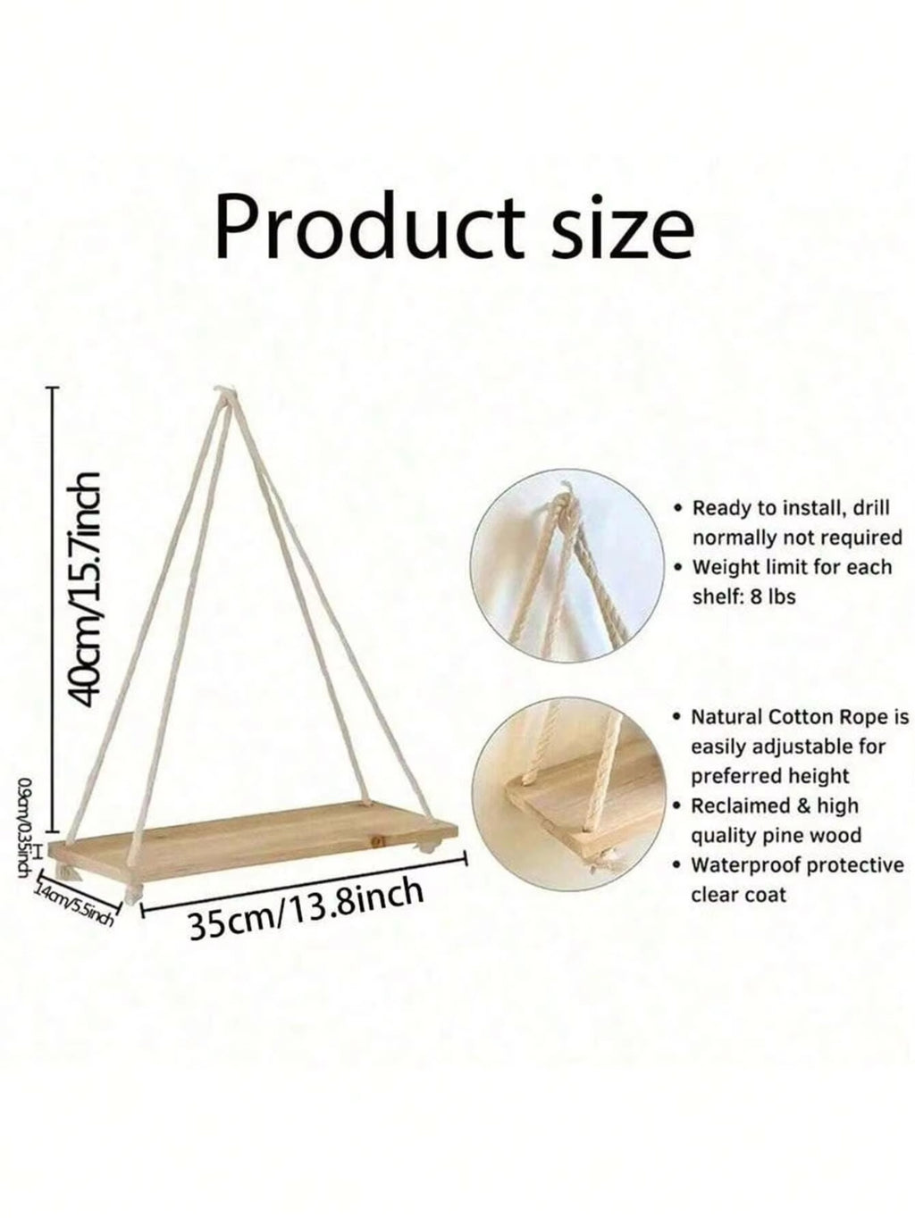 Wood rope hanging wall shelf dimensions and features guide showing size measurements adjustable rope design and weight capacity details for home decor use
