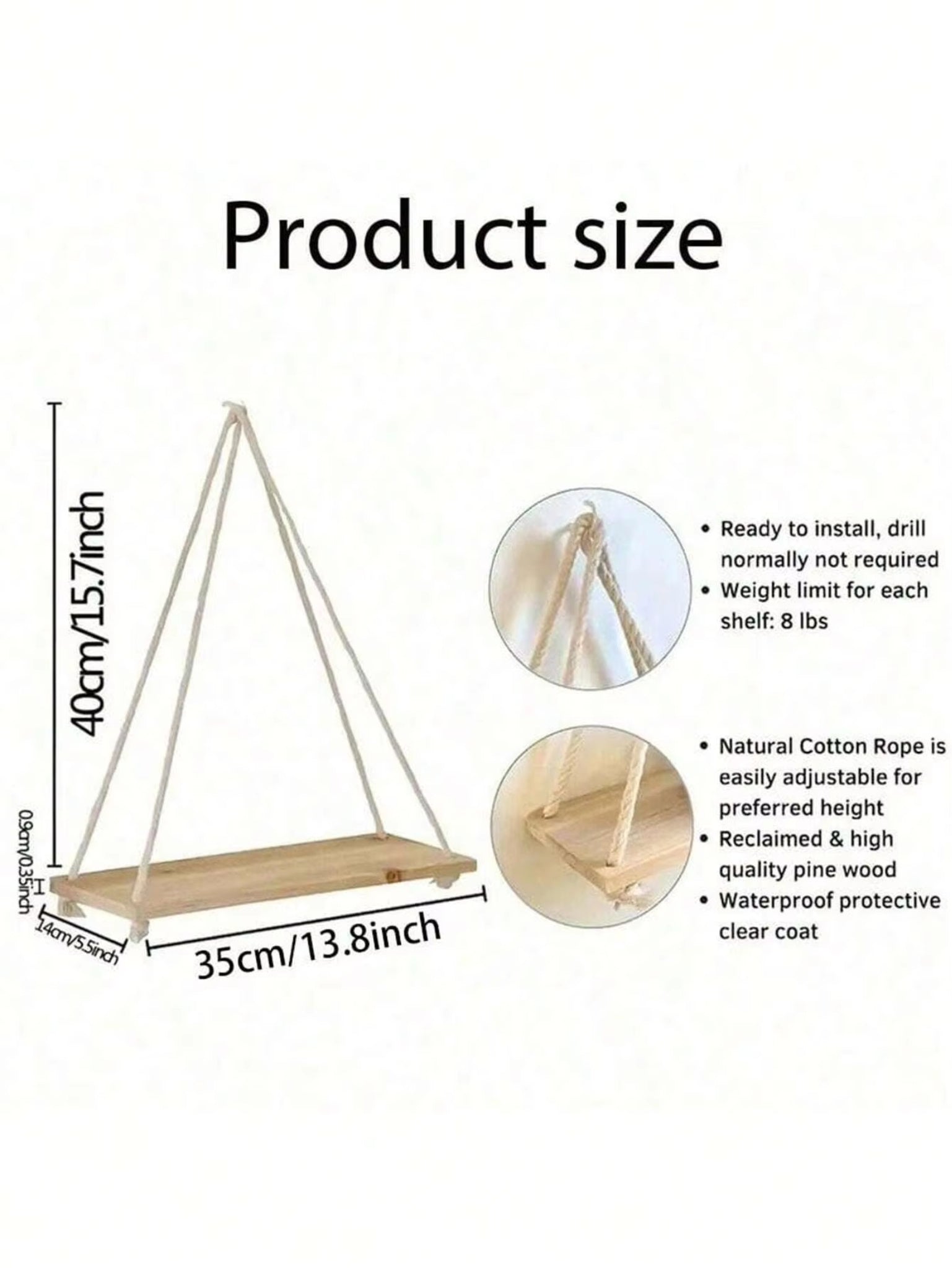 Wood rope hanging wall shelf dimensions and features guide showing size measurements adjustable rope design and weight capacity details for home decor use
