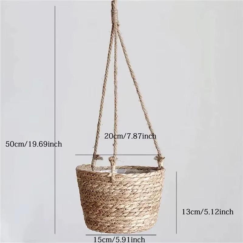 Woven plant hanger with dimensions on a light gray background