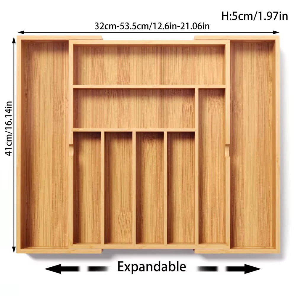 Bamboo expandable drawer organizer with multiple compartments and labelled dimensions showing adjustable width and size measurements