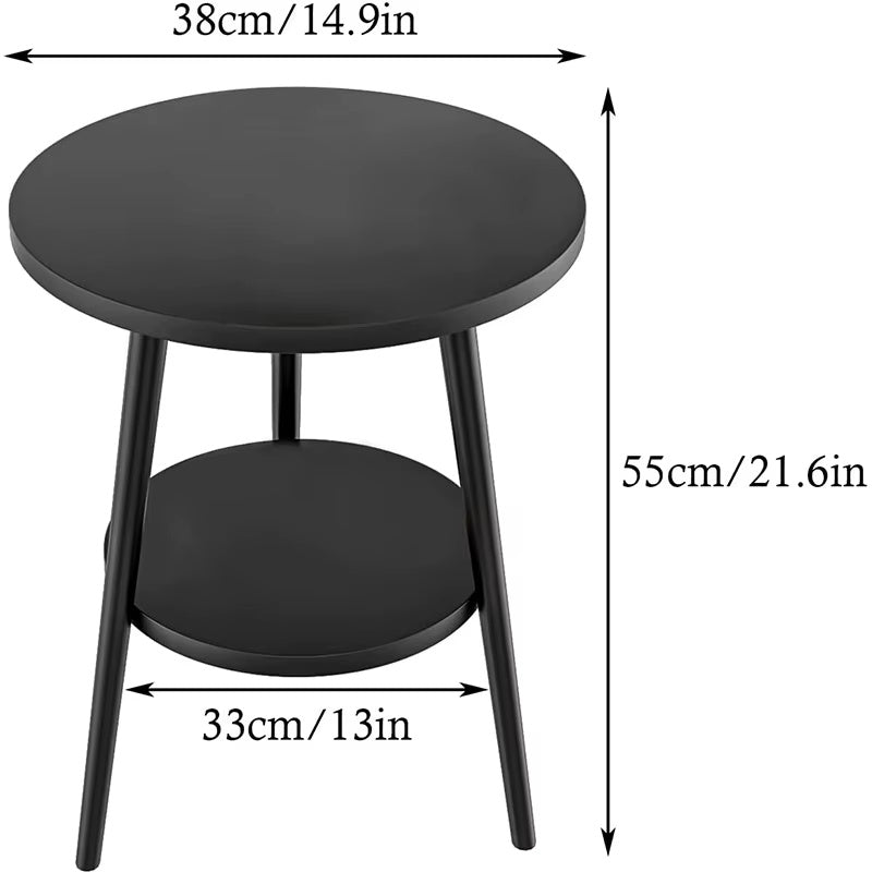 Black round side table with dimensions labeled on a white background