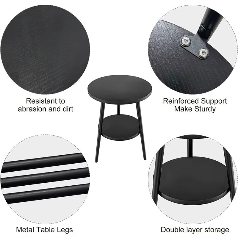 Black round table with features highlighted on a white background
