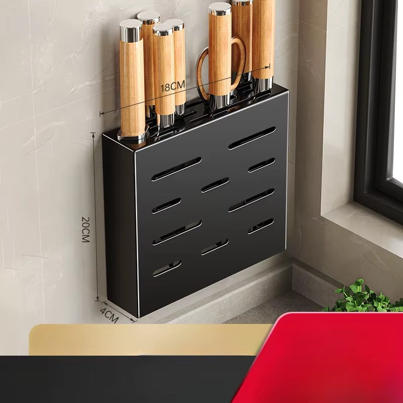 Black wall-mounted knife holder with wooden-handled knives and labelled dimensions showing 18cm width and 20cm height.