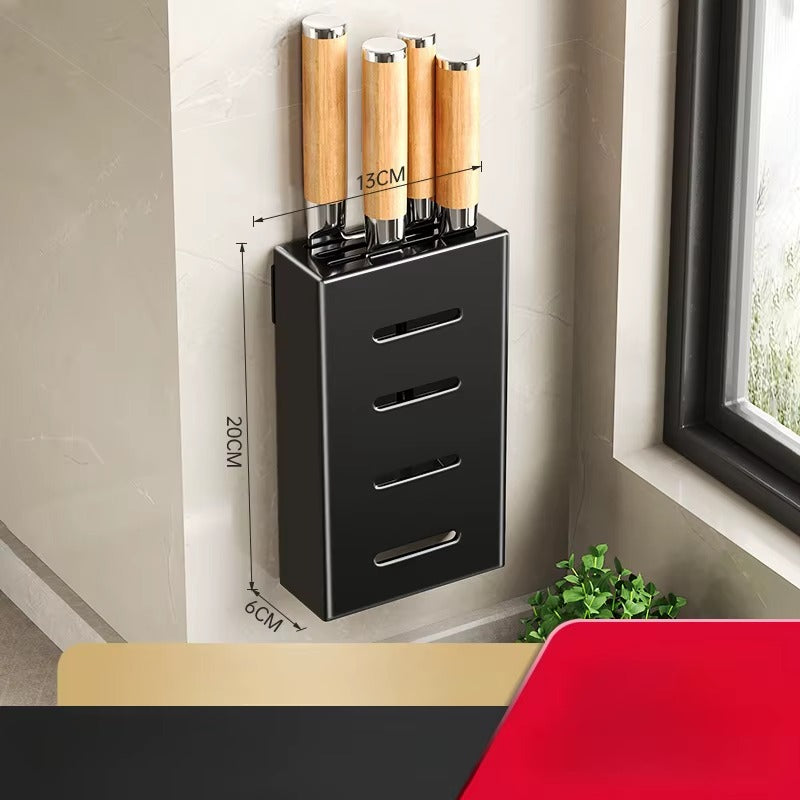 Compact black wall-mounted knife holder with wooden-handled knives and dimensions showing 13cm width and 20cm height.
