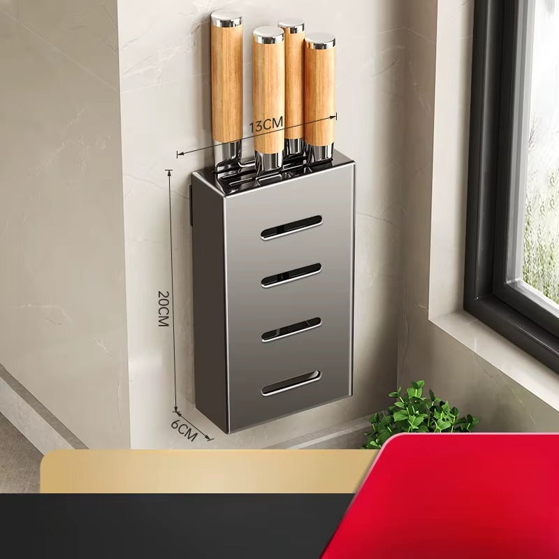 Compact stainless steel wall-mounted knife holder with wooden-handled knives and dimensions showing 13cm width and 20cm height.