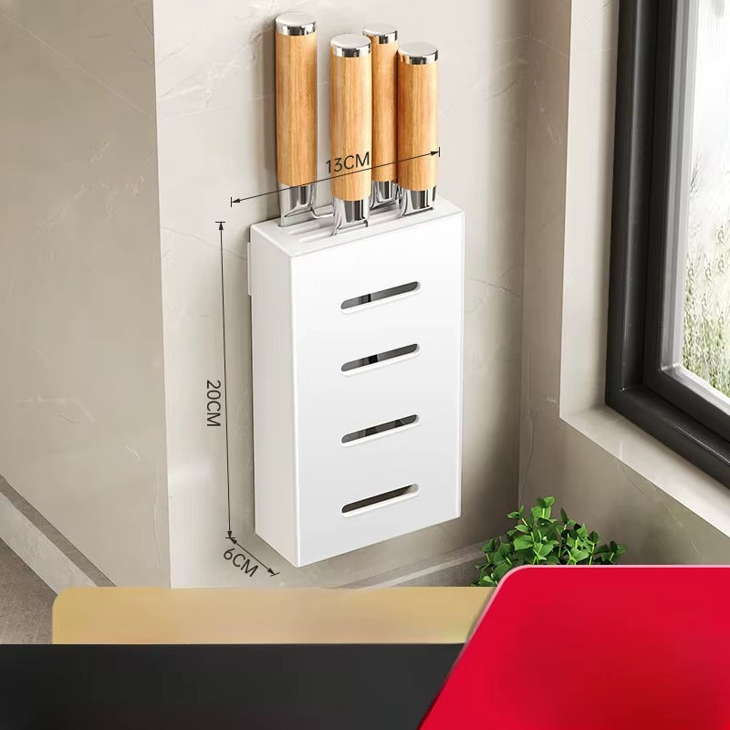 Compact white wall-mounted knife holder with wooden-handled knives and labelled dimensions showing 13cm width and 20cm height.