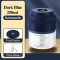 Dark blue 250ml USB rechargeable electric food chopper with three stainless steel blades and removable food barrier, portable wireless garlic and vegetable crusher