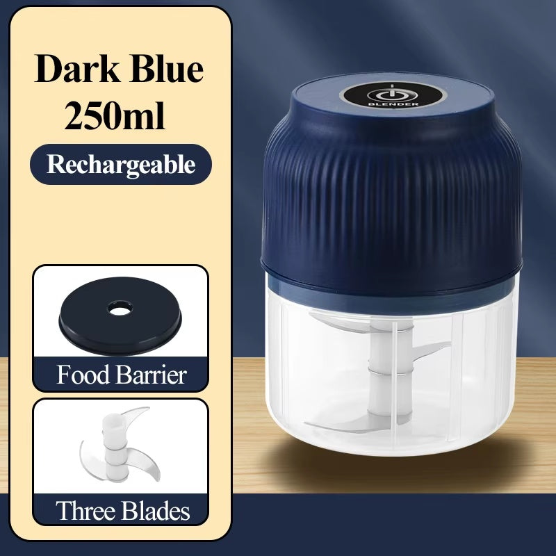 Dark blue 250ml USB rechargeable electric food chopper with three stainless steel blades and removable food barrier, portable wireless garlic and vegetable crusher