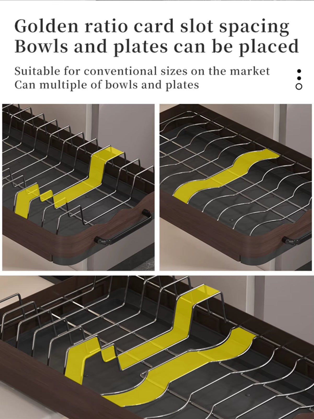 Pull-out dish rack organizer showing optimized slot spacing design for holding plates and bowls securely in a kitchen cabinet.