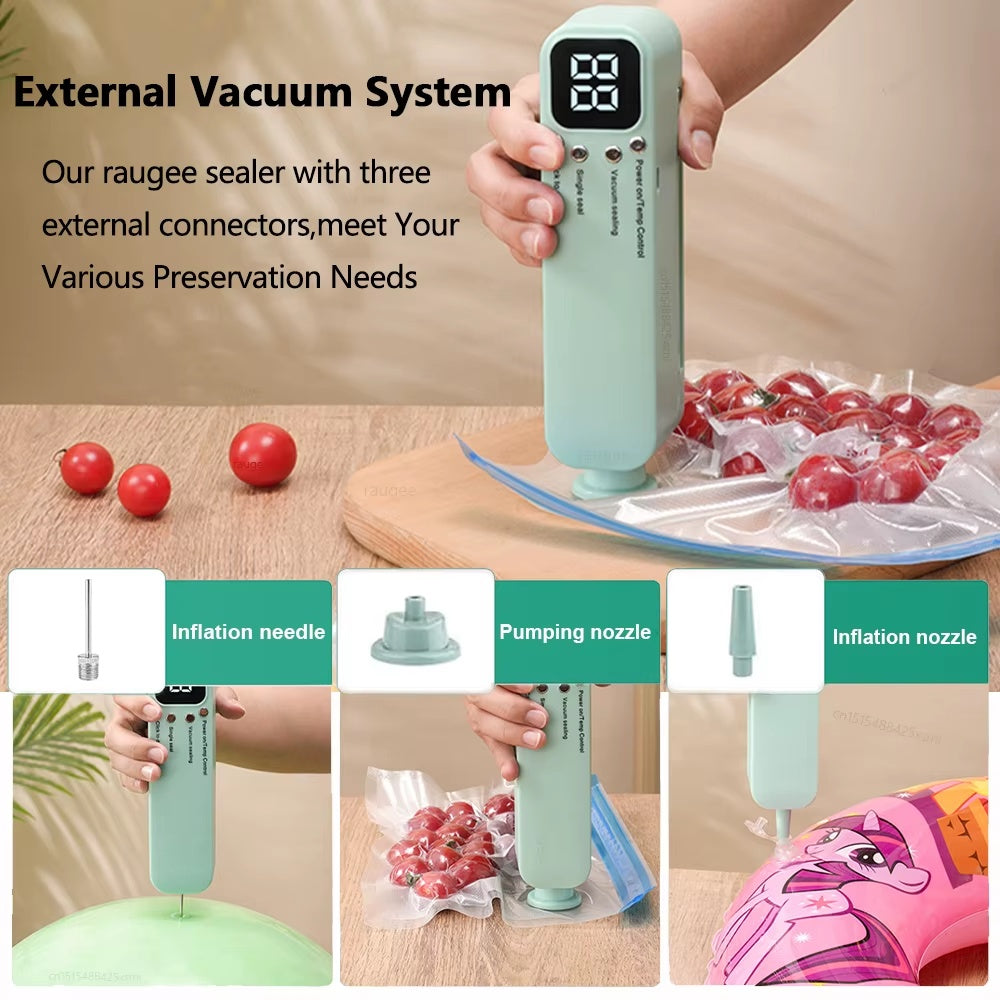Portable mini vacuum food sealer machine with digital display, compact lightweight design for travel, camping, kitchen food storage, and freshness preservation.