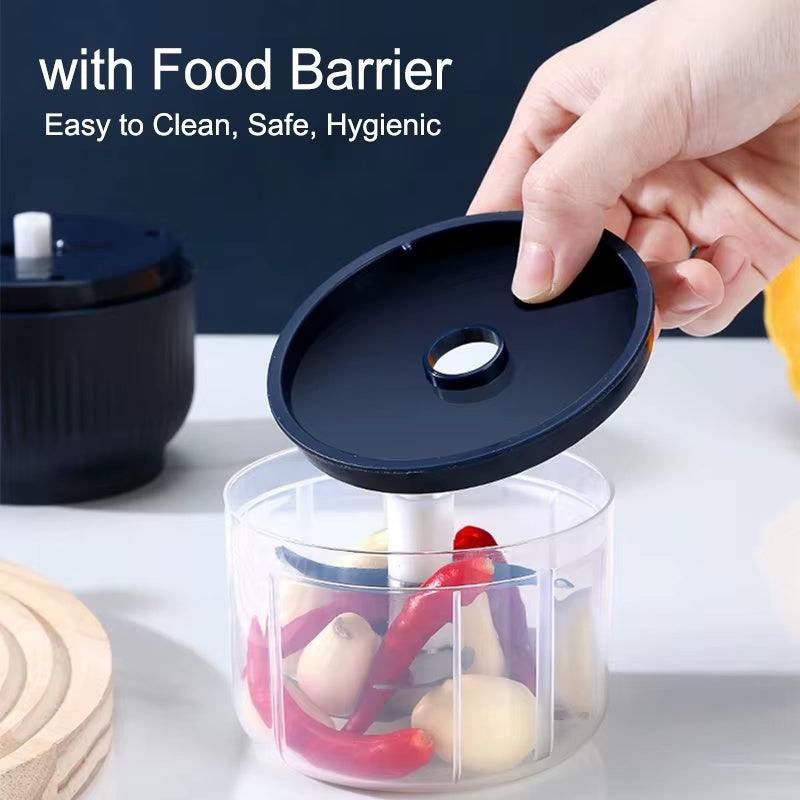 250ml Mini Electric Food Chopper with removable food barrier cover, showing garlic and chili peppers inside the bowl for safe, hygienic, and easy-to-clean food preparation