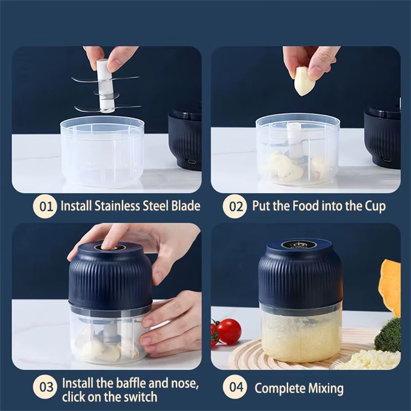 Step-by-step guide showing how to use the 250ml Mini Wireless USB Rechargeable Electric Food Chopper, including blade installation, adding ingredients, operating the switch, and completing food preparation