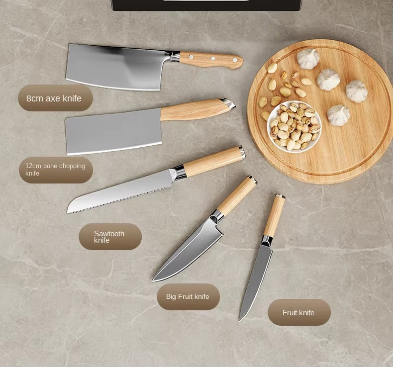 Kitchen knife set with wooden handles showing multiple types including cleaver, serrated knife, fruit knife, and chopping knife.
