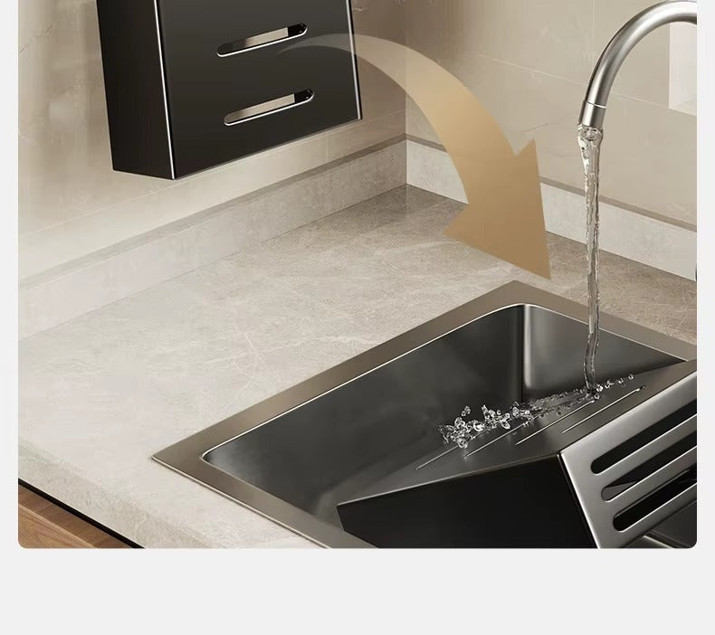Wall-mounted knife holder positioned above sink showing water drainage design for easy cleaning.