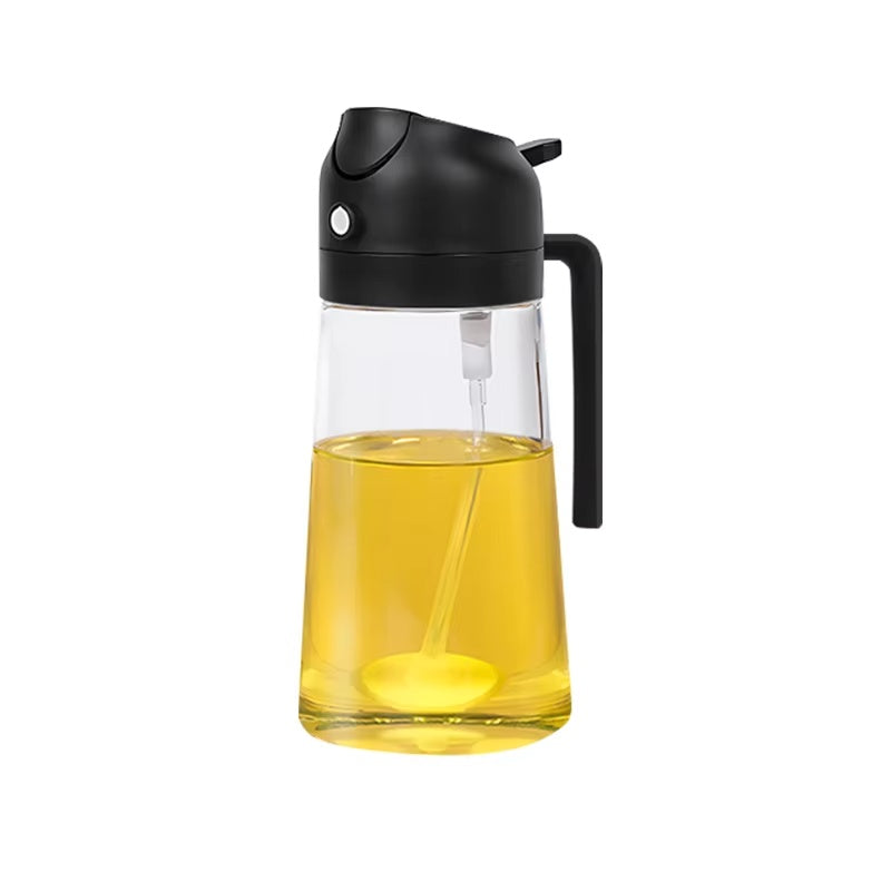 black 2-in-1 olive oil sprayer and dispenser bottle with ergonomic handle and transparent glass container for cooking and grilling