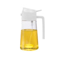 white 2-in-1 olive oil sprayer and dispenser bottle with ergonomic handle and transparent glass container