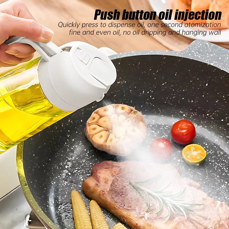 2-in-1 olive oil sprayer bottle creating a fine mist spray over steak and vegetables in a frying pan for healthy cooking