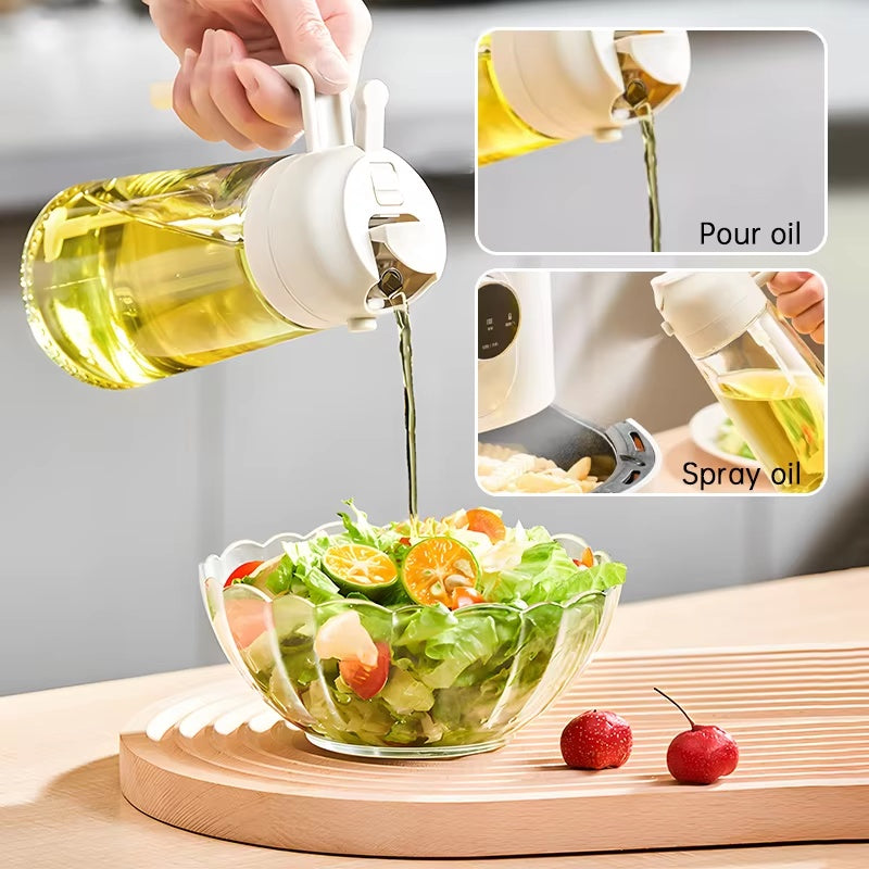 2-in-1 olive oil sprayer and dispenser bottle pouring oil over fresh salad with dual spray and pour function for healthy cooking