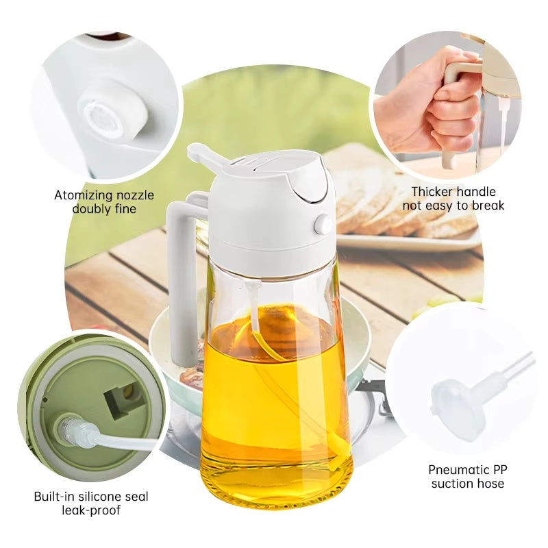 2-in-1 olive oil sprayer bottle showing fine mist nozzle, leak-proof silicone seal, durable handle and food-grade suction tube for kitchen cooking