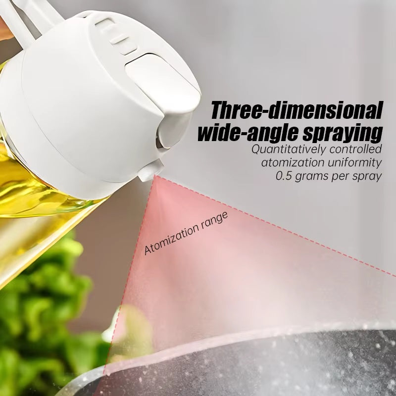 2-in-1 olive oil sprayer and dispenser bottle pouring oil over fresh salad with dual spray and pour function for healthy cooking