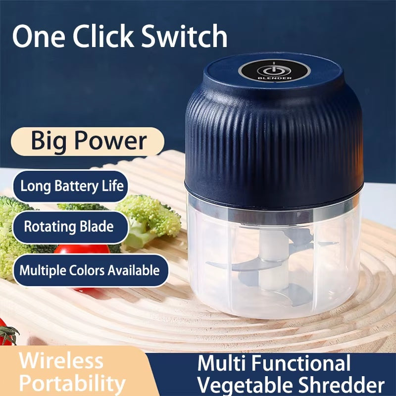 250ml wireless USB rechargeable electric food chopper featuring one-click operation, rotating stainless steel blades, long battery life, and portable vegetable shredding functionality
