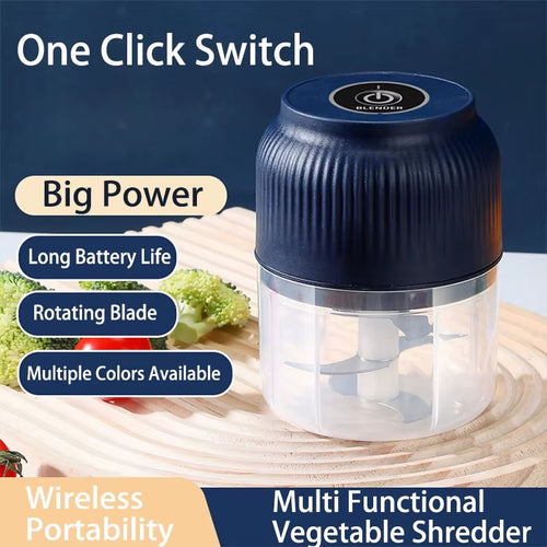 250ml wireless USB rechargeable electric food chopper featuring one-click operation, rotating stainless steel blades, long battery life, and portable vegetable shredding functionality