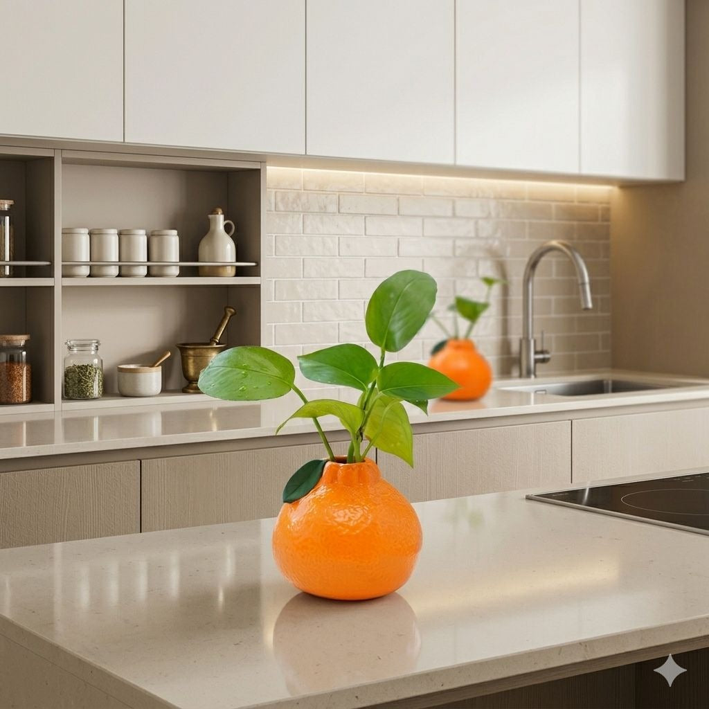 Orange-shaped ceramic vase with green plant displayed on a modern kitchen countertop.