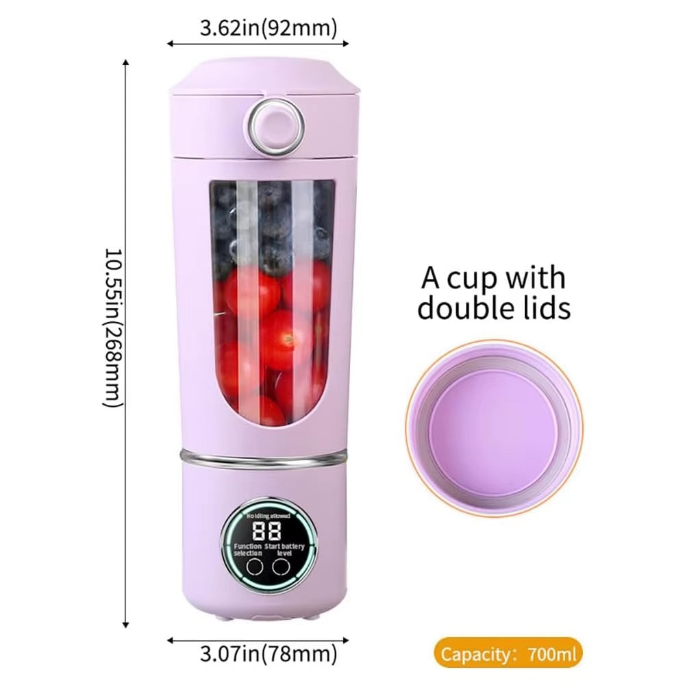 700ml portable rechargeable blender bottle showing dimensions, double-lid design, and large-capacity smoothie blending cup.
