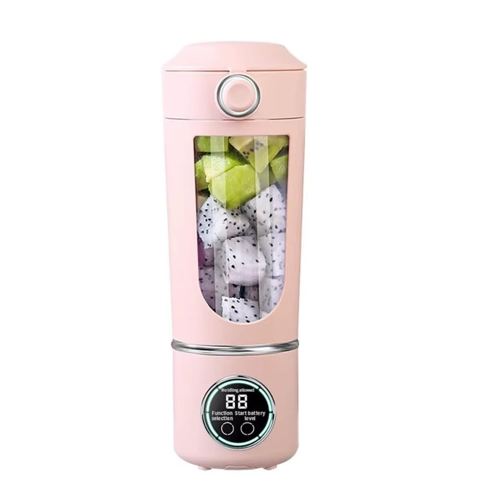 Pink portable USB rechargeable blender bottle with large fruit chamber, digital display, and 700ml smoothie-making capacity.