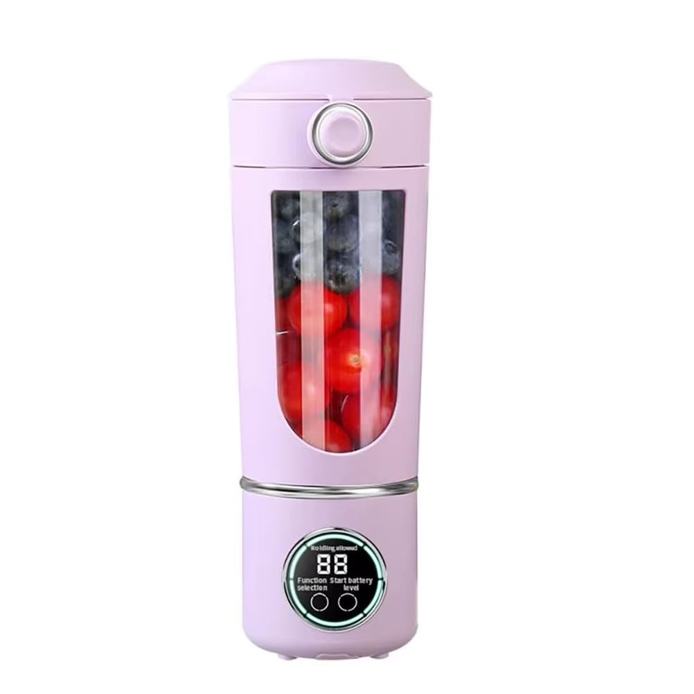 Portable USB rechargeable blender bottle in white with digital display, multi-speed blending modes, fresh fruit ingredients, and personal smoothie maker functionality