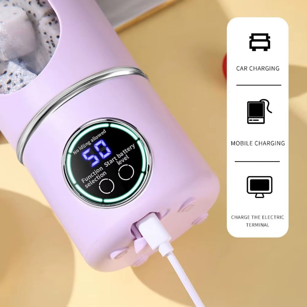 Portable USB rechargeable blender bottle charging via USB cable with digital battery display and support for car charging, mobile charging, and power bank charging.