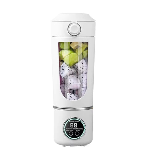Portable USB rechargeable blender bottle in white with digital display, multi-speed blending modes, fresh fruit ingredients, and personal smoothie maker functionality