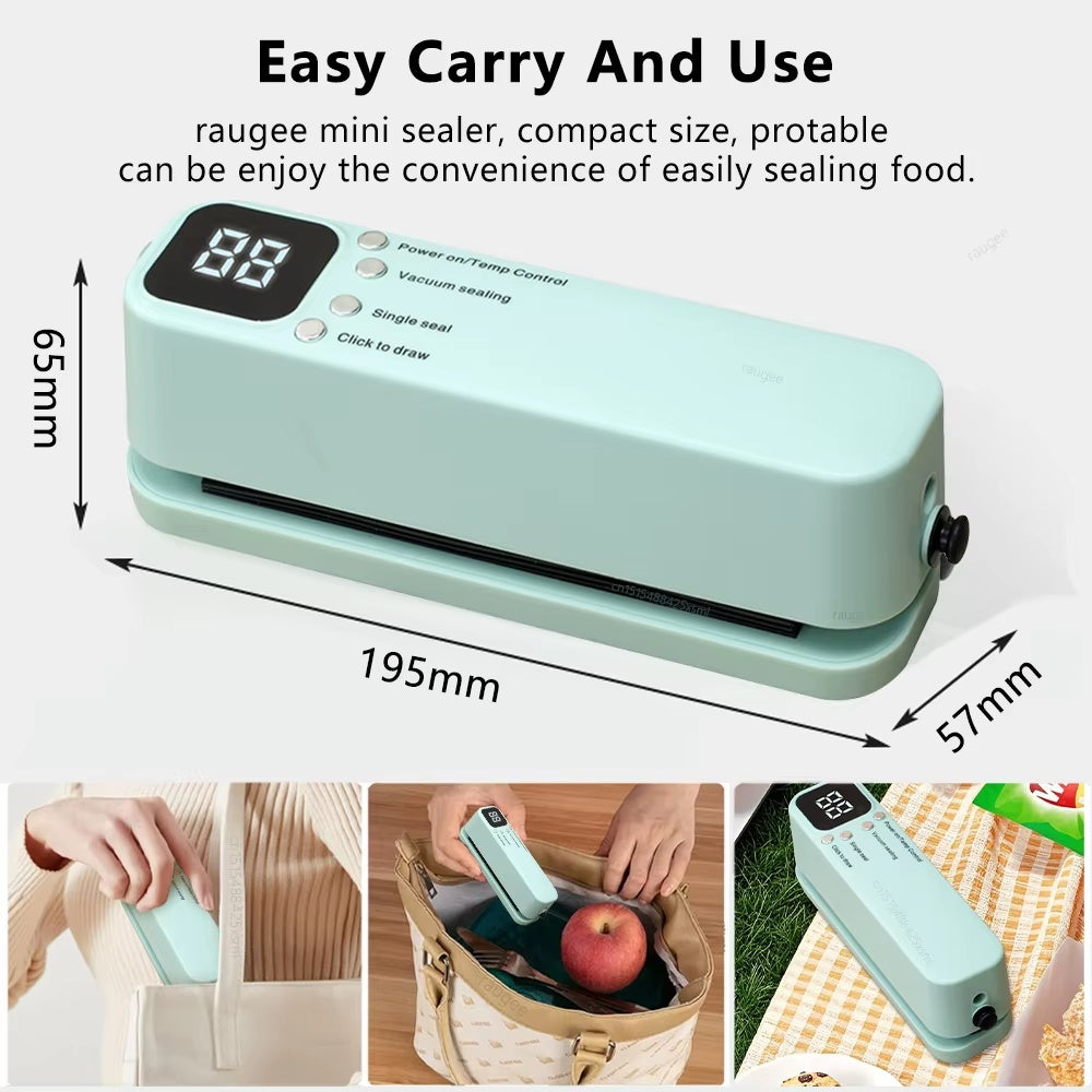 Portable mini vacuum food sealer machine with digital display, compact lightweight design for travel, camping, kitchen food storage, and freshness preservation.