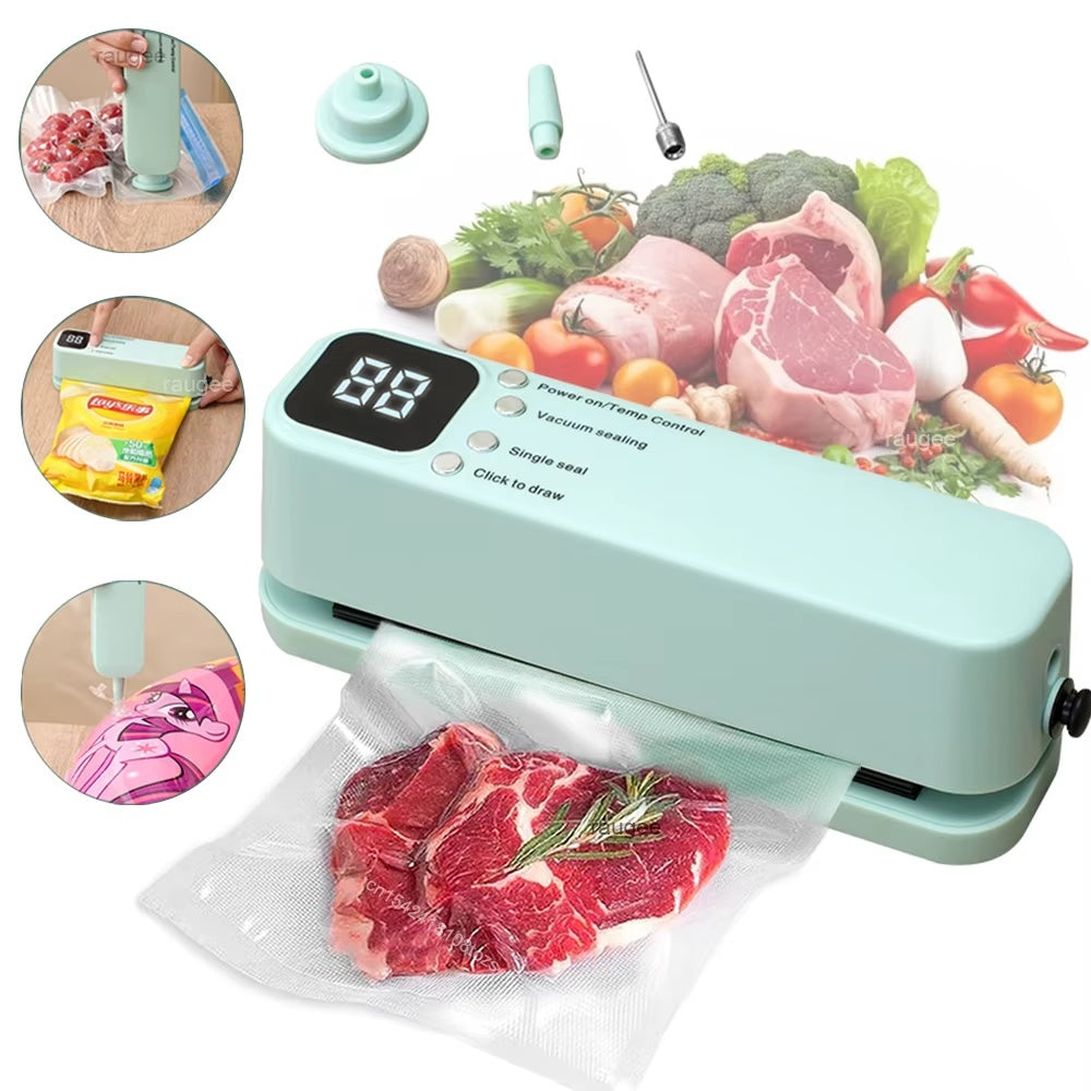 Portable vacuum food sealer machine with digital display vacuum sealing fresh meat and vegetables in storage bags for food preservation and kitchen organization.