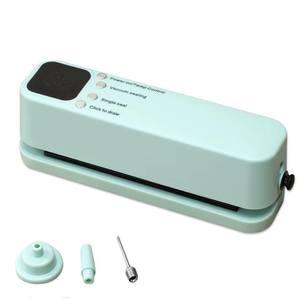 Portable vacuum food sealer machine with digital display and included accessories featuring vacuum nozzle, inflation nozzle, and needle attachment for food storage and sealing.