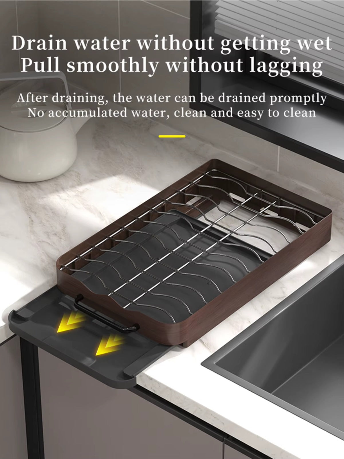 Pull-out cabinet dish rack with built-in drain tray, designed to remove water easily and keep dishes dry in a kitchen cabinet.