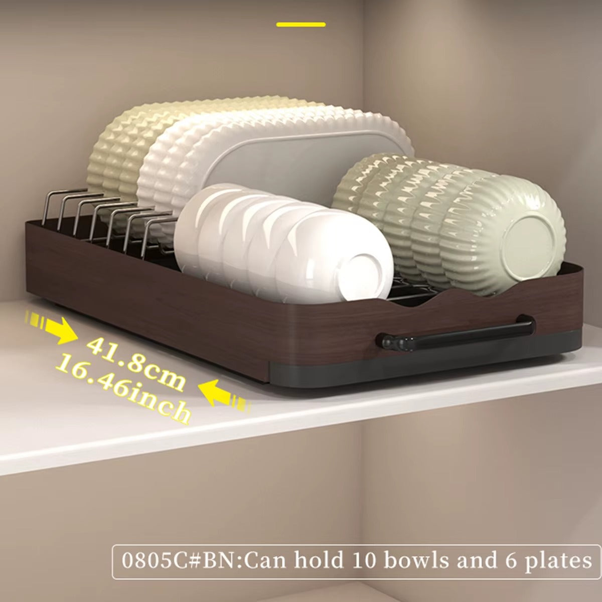 Pull-out cabinet dish rack organizer holding bowls and plates, with size measurement displayed and capacity for multiple dishes.