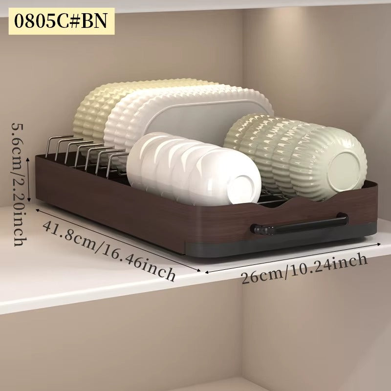 Pull-out cabinet dish rack organizer holding bowls and plates, with product dimensions and size measurements displayed.