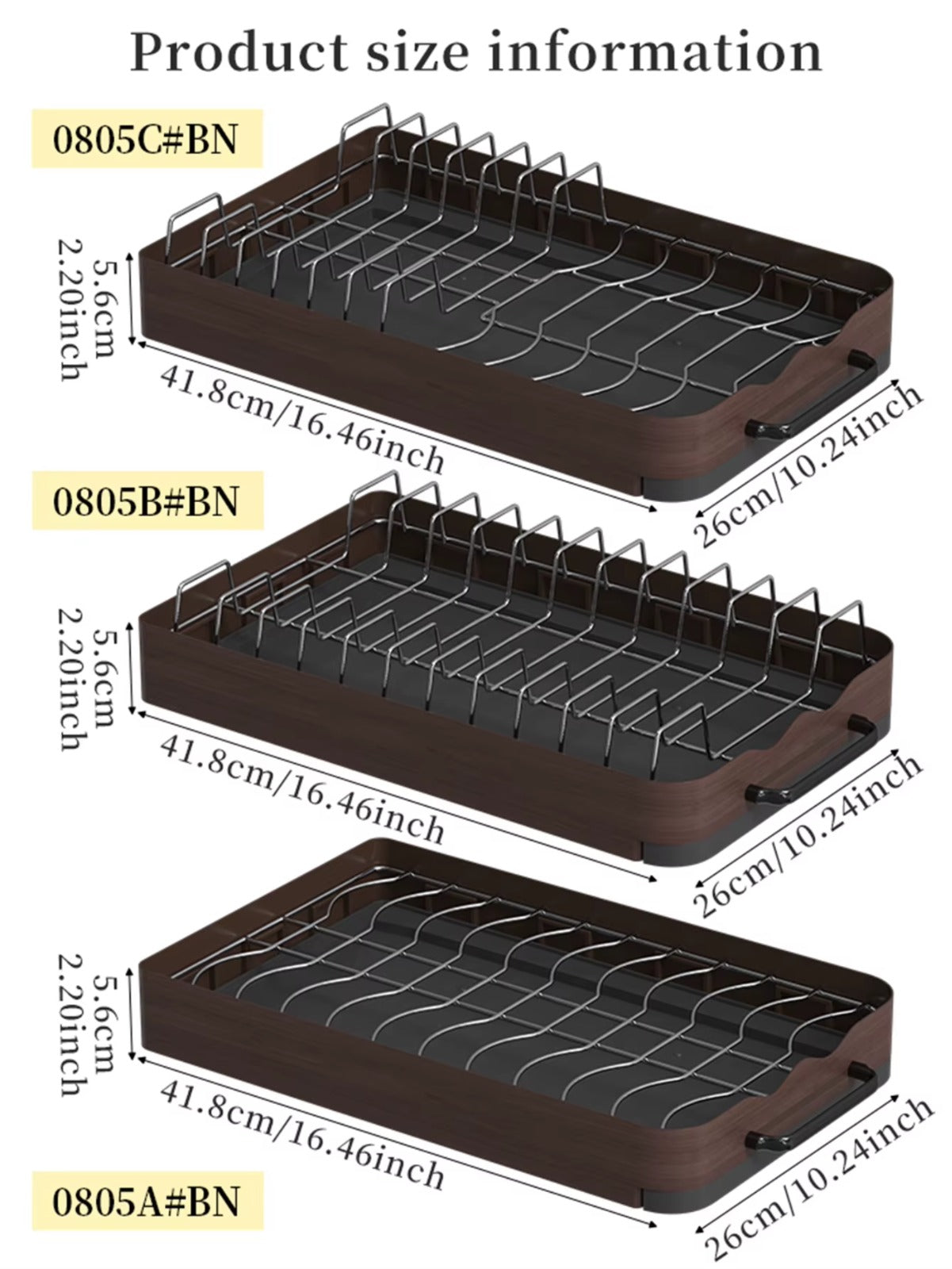 Pull-out cabinet dish rack organizers in multiple models with different layouts, showing product size dimensions and configurations.