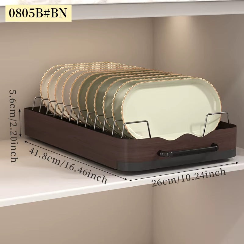 Pull-out cabinet dish rack organizer holding plates, with product dimensions and size measurements displayed.