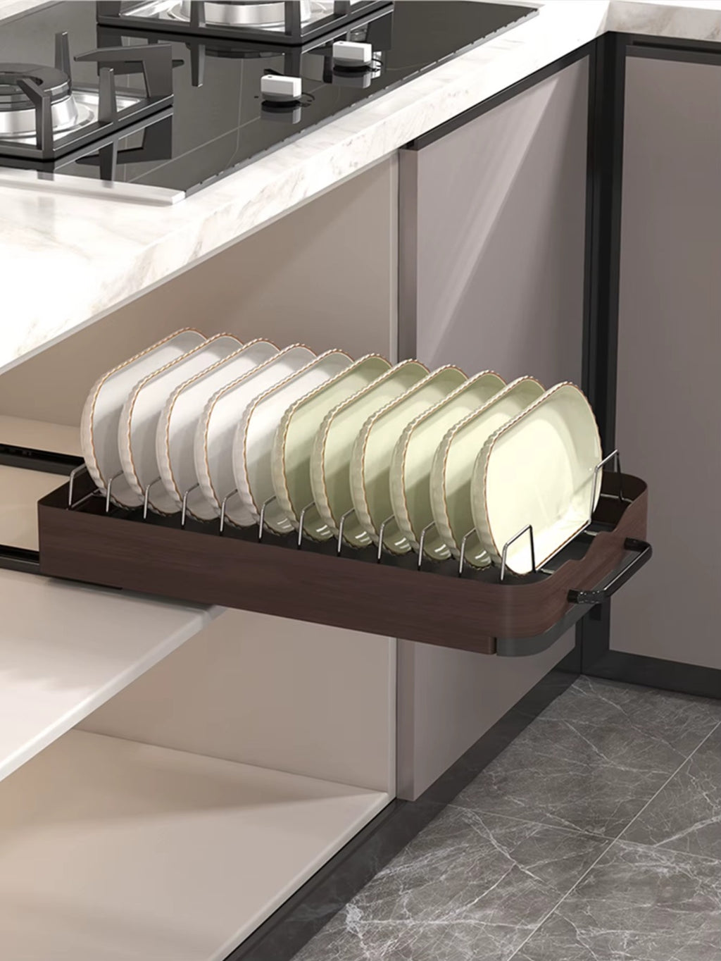 Pull-out cabinet dish rack organizer holding multiple plates neatly arranged inside a kitchen cabinet.