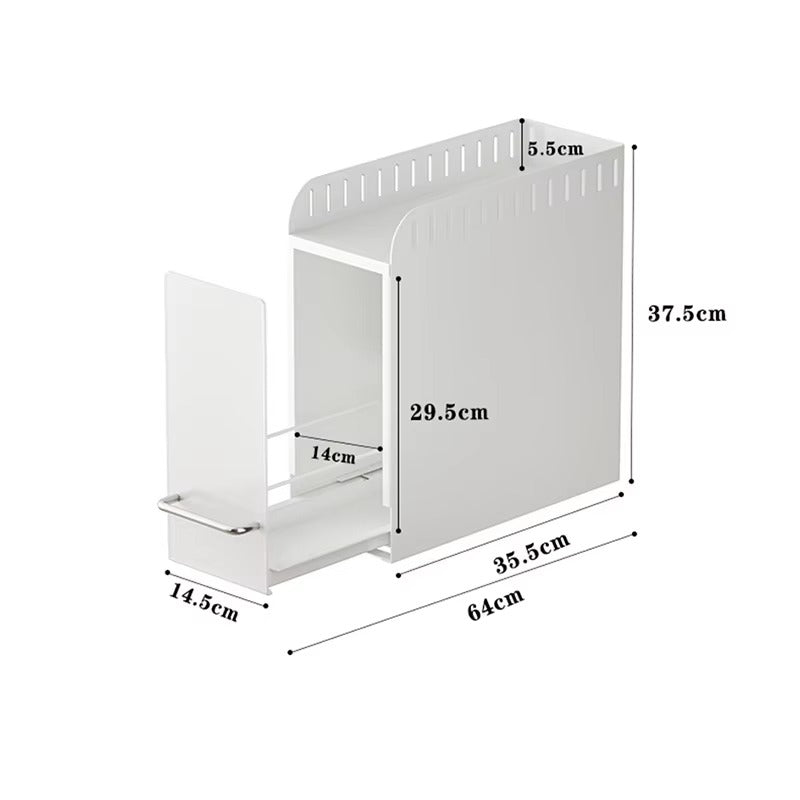 Dimension diagram of a white pull-out kitchen organizer showing height, width, depth, and internal storage measurements.