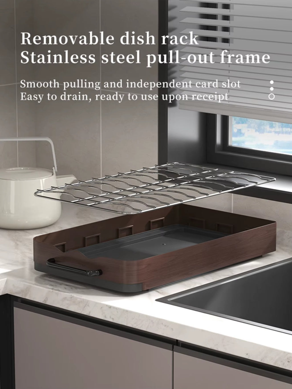 Pull-out cabinet dish rack with removable stainless steel rack and base tray, designed for easy cleaning and smooth sliding use.