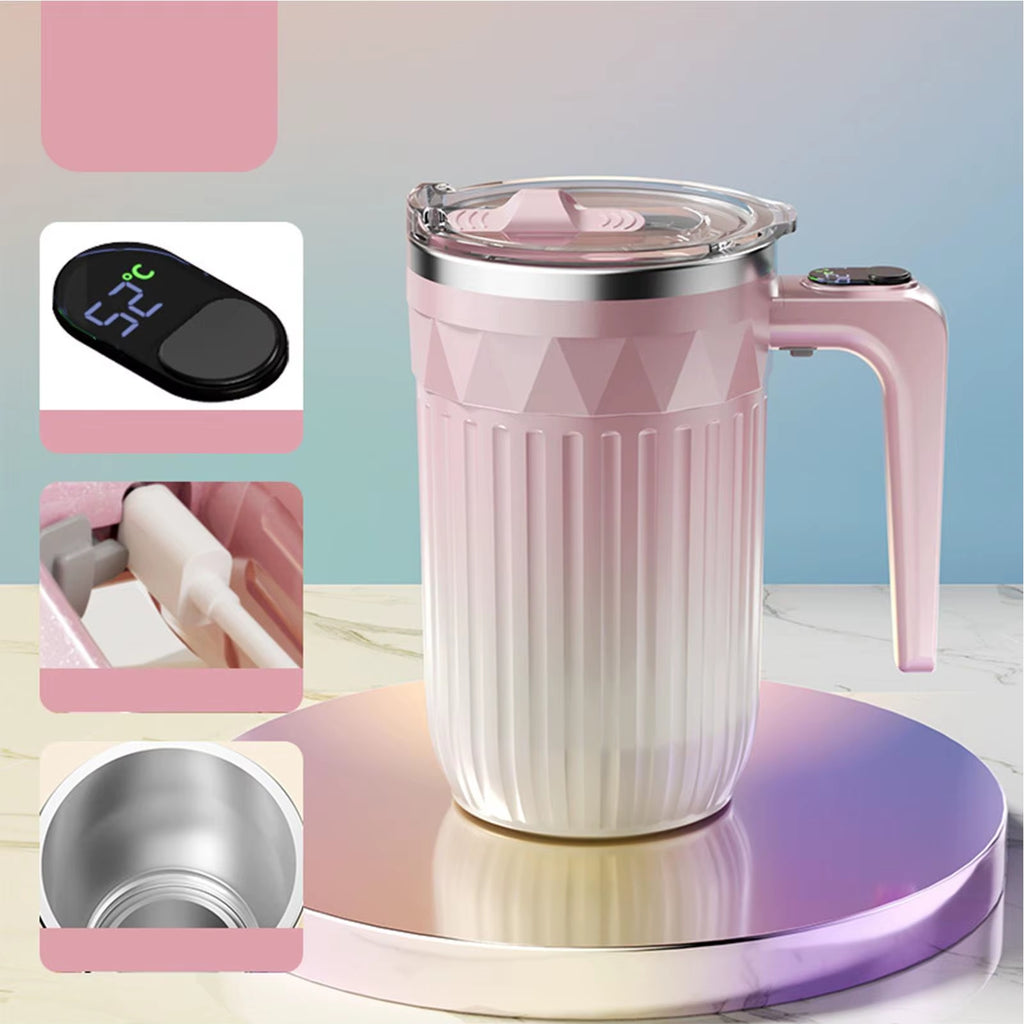 Smart temperature display coffee mug with USB rechargeable design, stainless steel inner liner, insulated body, digital temperature monitoring, and spill-resistant lid for hot and cold beverages.